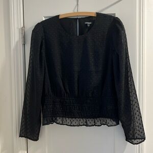 Express NWT SHEER black dotted long sleeved ruffle peplum top
